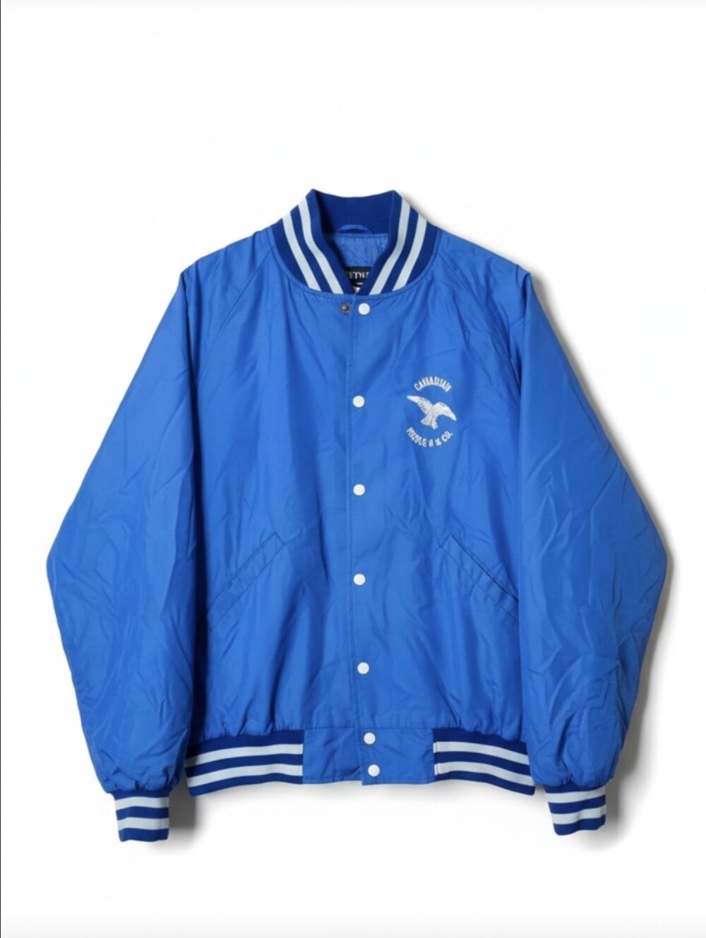 Vintage Blue Satin Baseball Bomber Jacket - Striped Trim, Snap Buttons USA MADE